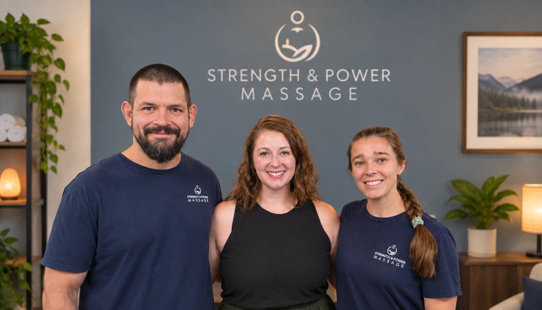 The Strength and Power Massage team: Melissa, Holli, and Joe.