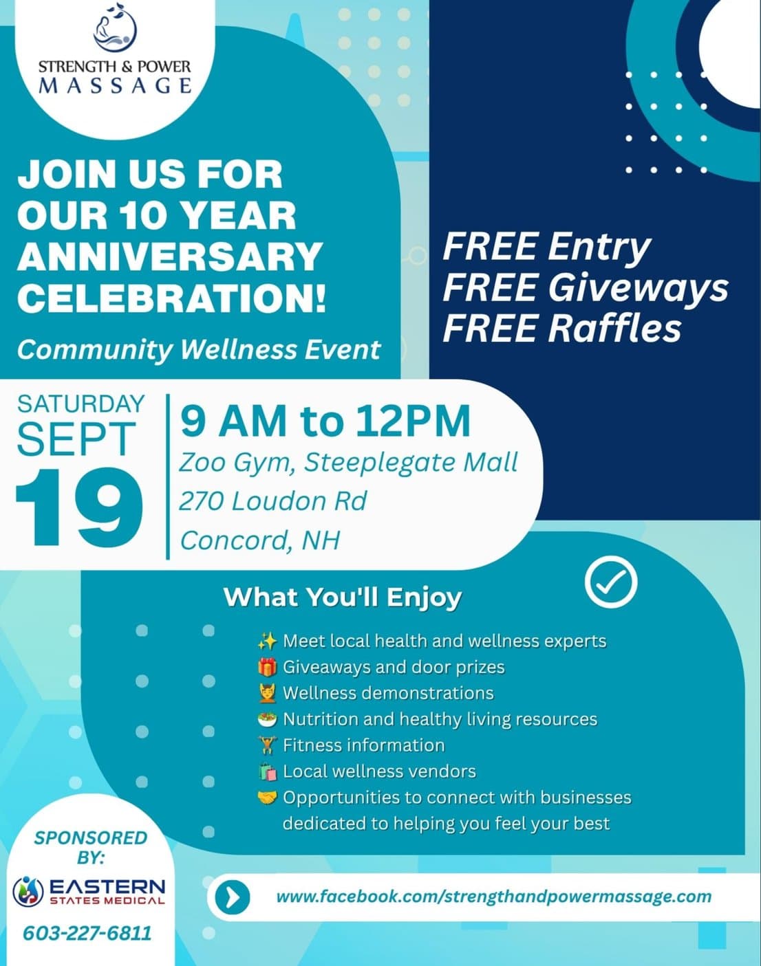 Poster: join us for our 10 year anniversary celebration, a free community wellness event with giveaways and raffles, Saturday September 19 from 9am to 12pm at the Zoo gym, 270 Loudon Rd, Concord NH